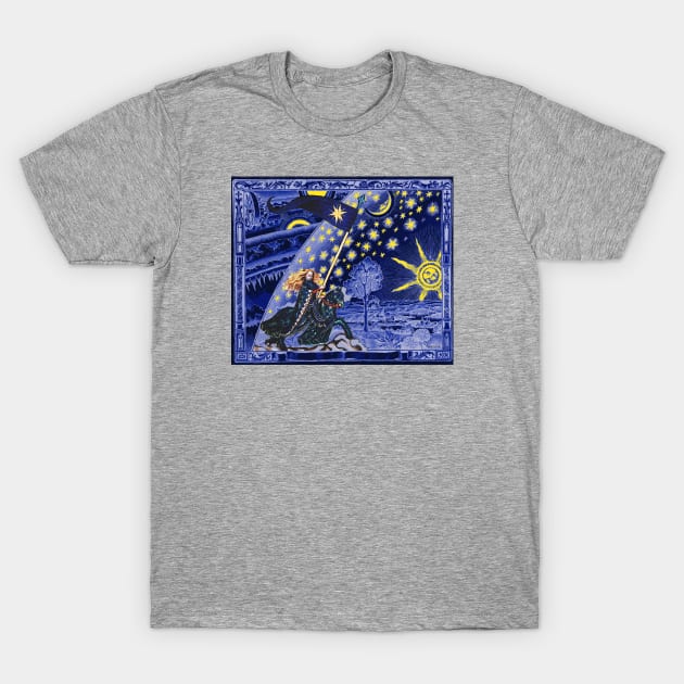 FEMALE KNIGHT OF STARS HORSEBACK IN NIGHT BLUE AND FLAMMARION Surreal Cosmic Sky, Sun And Moon T-Shirt by BulganLumini